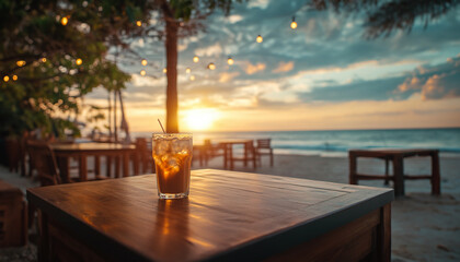 A beautifully captured image of an iced coffee sitting on a wooden table at a beachside caf&eacute; during sunset.