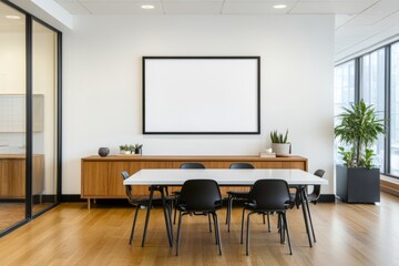 modern Scandinavian dining area with a wooden sideboard and a blank 4:3 poster frame against a crisp white wall. Black-and-white accents are incorporated
