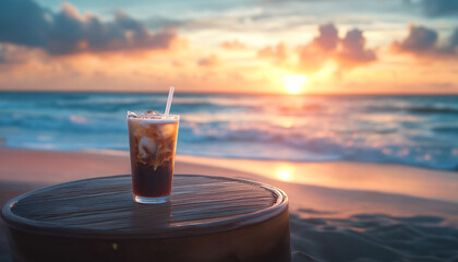 A beautifully captured image of an iced coffee sitting on a wooden table at a beachside caf&eacute; during sunset.