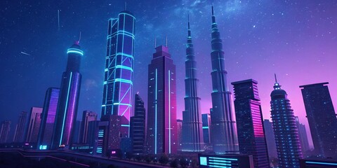 Futuristic Cityscape with Neon Luminous Skyscrapers Under Starry Twilight Sky