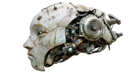 Futuristic robot head showing complex internal mechanisms on transparent background