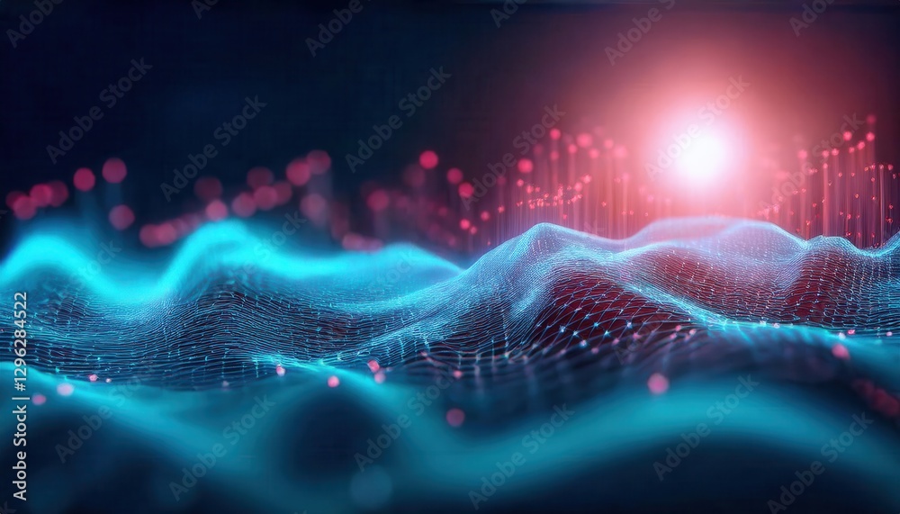 Poster futuristic digital landscape with glowing blue wireframe terrain and red data points, abstract artificial intelligence concept

