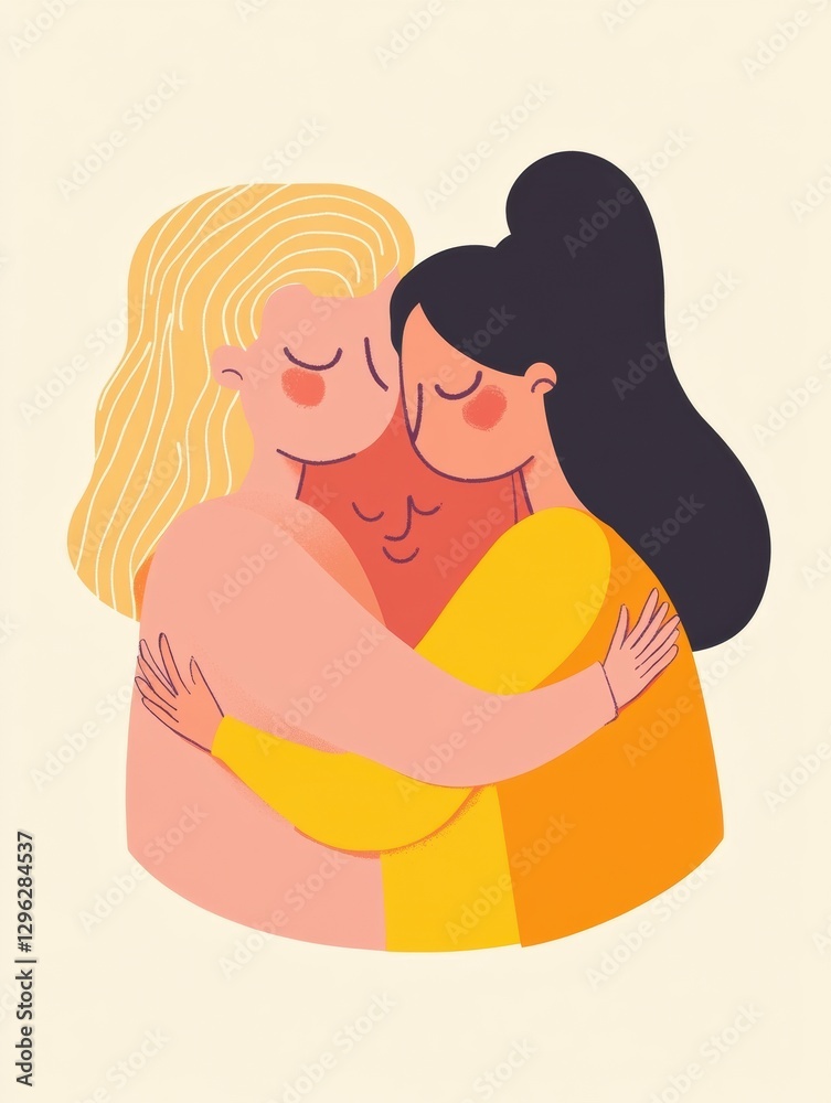 Poster two women embracing a person in the center during a moment of connection and warmth. generative ai