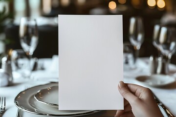 Blank Menu paper held in hand over luxury restaurant table. Mock up menu sheet. Generative Ai