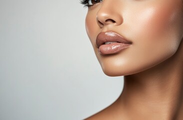 Obraz premium Close-up of a beautiful Asian woman with clean, healthy skin on a white background. This beauty portrait showcases her perfect face and neck, embodying a minimalist aesthetic. 