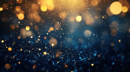 A mesmerizing canvas of swirling dark blue and gold particles, illuminated by the radiant glow of Christmas golden light bokeh, creating a festive and magical atmosphere.