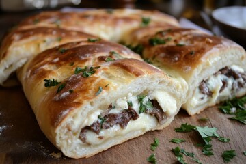 Stromboli Stuffed Bread. Italian Dinner Meal with Crusty Cheese Filling