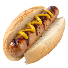 Grilled bratwurst with mustard on bun isolated on transparent background