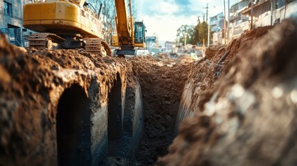 Fototapeta premium Excavator digging trench for utility lines during urban construction.