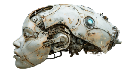 Futuristic female cyborg head showing complex internal mechanisms on transparent background