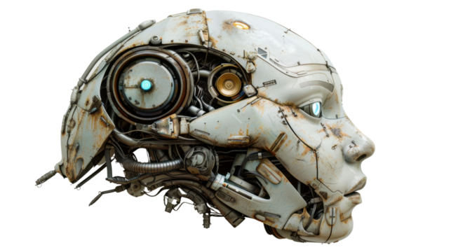 Futuristic cyborg head showing complex internal mechanisms on transparent background