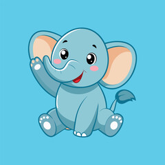 Fototapeta premium Adorable cartoon baby elephant waving hello with a friendly smile on a blue background