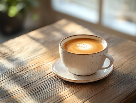 Coffee cup on wooden table near window with warm natural light