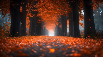 Vibrant autumn forest path winds through tall dark trunks, with bright orange and red foliage, fallen maple leaves, and misty morning light, glowing warmly in cinematic tranquil mood.
