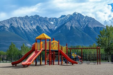 A photo showcasing a playground with towering mountains forming a scenic backdrop A playground with a backdrop of dramatic mountain scenery .