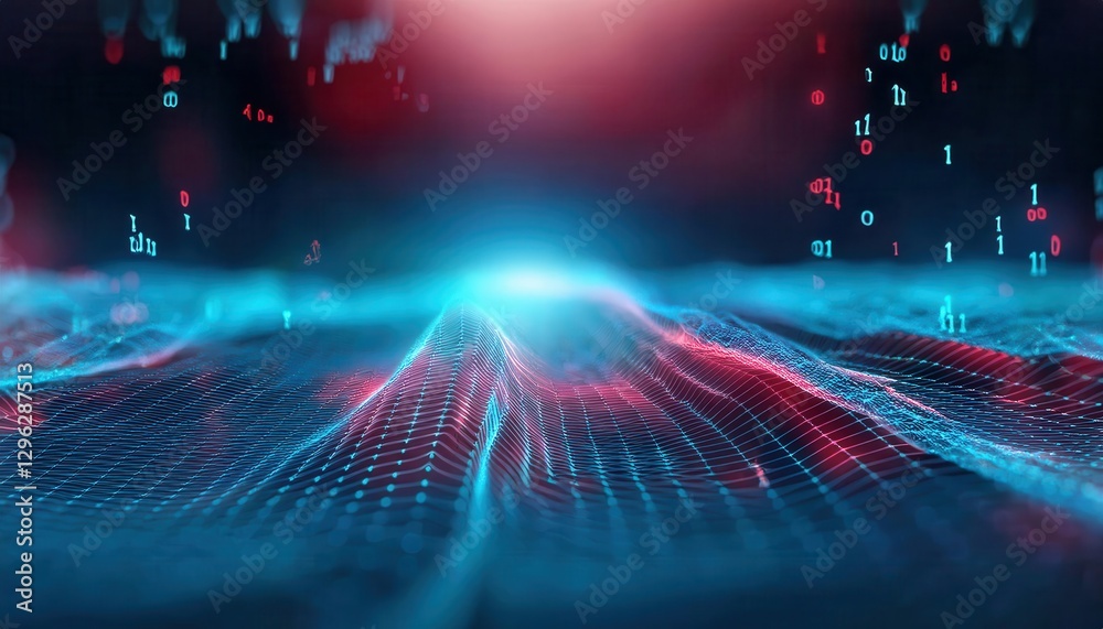 Poster futuristic digital landscape with glowing blue wireframe terrain and red data points, abstract artif