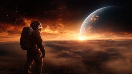 Obraz premium An astronaut stands on a distant surface, gazing into the vastness of space as a beautiful planet looms in the delicately lit sky at sunset, highlighting its atmosphere and beauty.