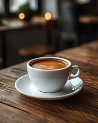 Fototapeta premium A cup of coffee on a warm wooden table in a warm atmosphere