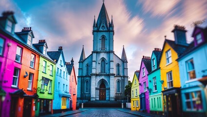 Fototapeta premium Colorful buildings frame historic church in vibrant town during twilight hours