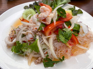 Yam Woon Sen Goong, Thai spicy glass noodle salad with seafood and cilantro