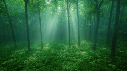 Sunbeams pierce misty forest, green ground, nature wallpaper