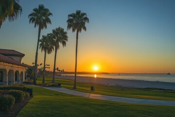 Sunset at Coronado Beach, San Diego. Coastal Beauty with Palm Trees and Ocean Views