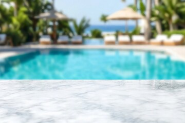 Empty white marble stone table top and blurred swimming pool in tropical resort in summer banner background can used for display or montage your products.