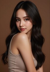 Naklejka premium woman with glossy, straight black hair, styled flawlessly, posing seductively in a studio with a brown background, her smooth hairstyle catching the light beautifully