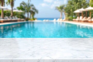 Fototapeta premium Empty white marble stone table top and blurred swimming pool in tropical resort in summer banner background can used for display or montage your products.