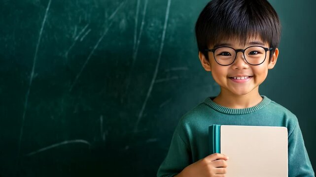 Standing before a chalkboard with book, young asian boy looks directly at the viewer, ready to learn, copy space, back to school concept, kindergarten. child wearing glasses in front of a green board.