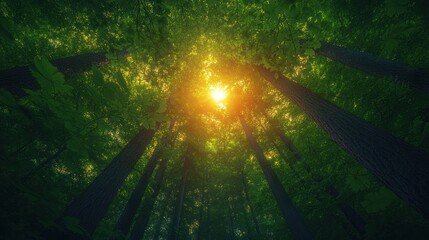 Sunlit Forest Canopy, Low Angle, Green, Nature, Background
