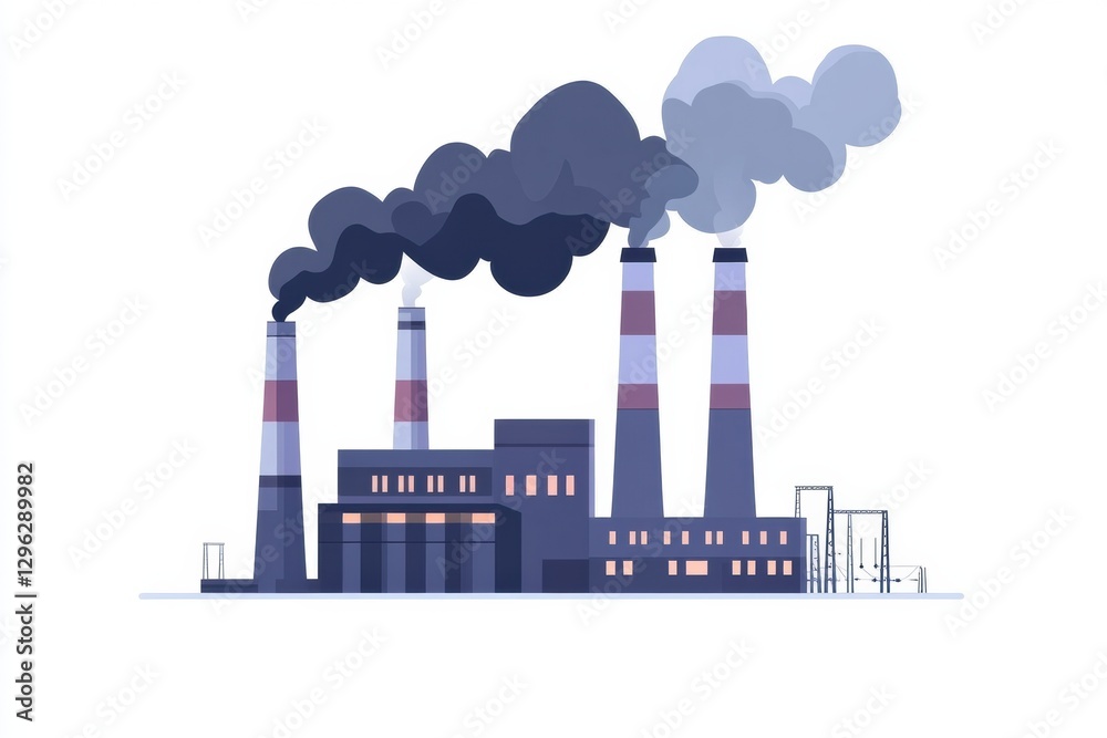 Poster Industrial power plant emits smoke during daytime operations near city skyline with multiple chimneys and structures. Generative AI