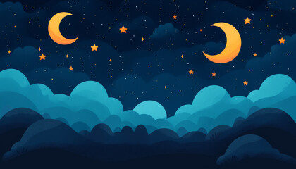 serene night sky with crescent moons and twinkling stars above soft clouds