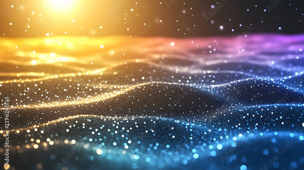 Poster artistic perspective on vibrational waves and colorful light in abstract digital space