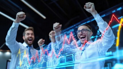 Celebration of success among team members office setting digital data visualization motivational environment dynamic perspective