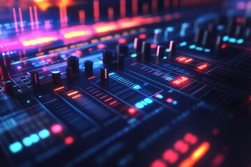 A dynamic 3D background featuring a floating, holographic mixing console glowing with radiant sound waves. Each button and slider pulsates with synchronized neon energy, forming an abstract,