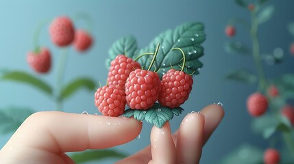 Obraz premium A handful of fresh raspberries with tiny water droplets on their surface crisp green leaves adding a natural contrast isolated on white