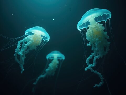 Medusas delicadas y transl&uacute;cidas con campanas en forma de paraguas y tent&aacute;culos delgados y tenues flotan sin esfuerzo en las profundidades oscuras y misteriosas del oc&eacute;ano
