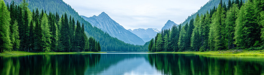 Fototapeta premium serene lake surrounded by lush green forests and majestic mountains, reflecting nature beauty