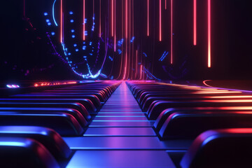 A dynamic 3D abstract background featuring liquid metal piano keys stretching into infinity. As they glow with pulsing neon light, digital sound waves ripple across the futuristic landscape, creating