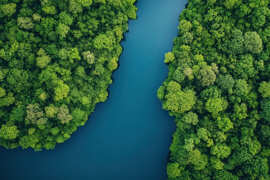 A photo showcasing a serene body of water in the midst of a dense forest of vibrant green trees Lush rainforest split by a tranquil rive .