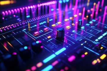 A dynamic 3D background featuring a floating, holographic sound mixer with glowing controls. Each knob emits vibrant neon pulses, forming an abstract, futuristic display of synchronized digital music