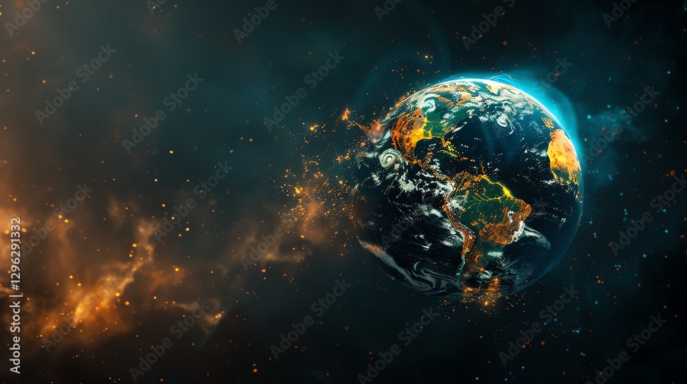 Wall mural a digital rendering of planet earth with glowing lights and a nebula in the background.