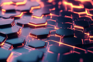Obraz premium A high-tech 3D abstract background featuring an intricate pattern of interconnected, glowing hexagons, resembling a futuristic circuit board. The soft neon reflections and precise geometry create a