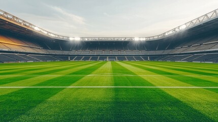 Obraz premium Vast Empty Stadium View with Lush Green Grass and Dramatic Lighting