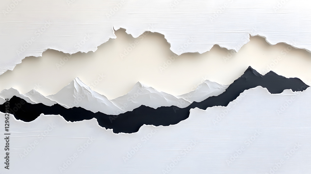 Poster dynamic torn canvas art depicting mountain landscape studio setting visual chaos