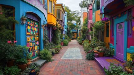 Fototapeta premium Colorful houses and vibrant flowers line a brick pathway.