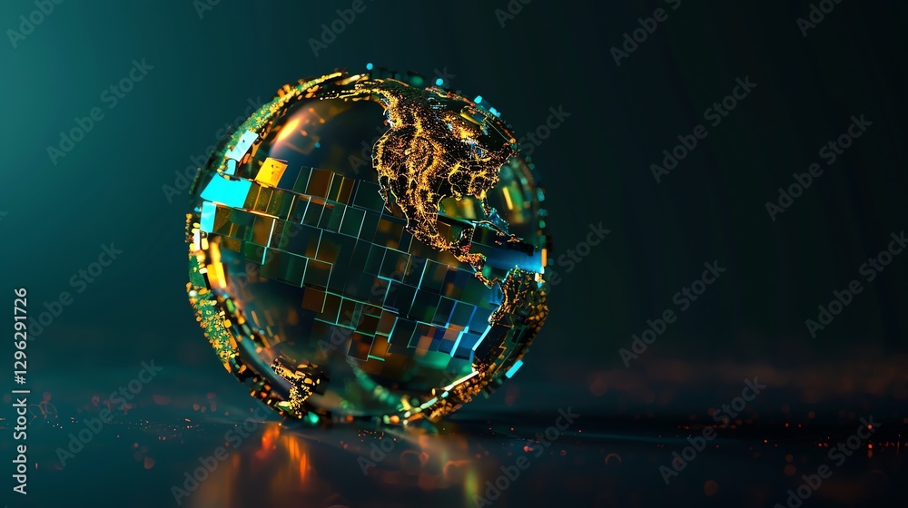 Poster a digital rendering of a globe with a grid and glowing lines.
