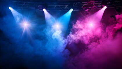 vibrant blue and pink stage lights cutting through swirling purple smoke