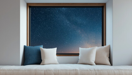 cozy window seat with cushions, overlooking starry night sky